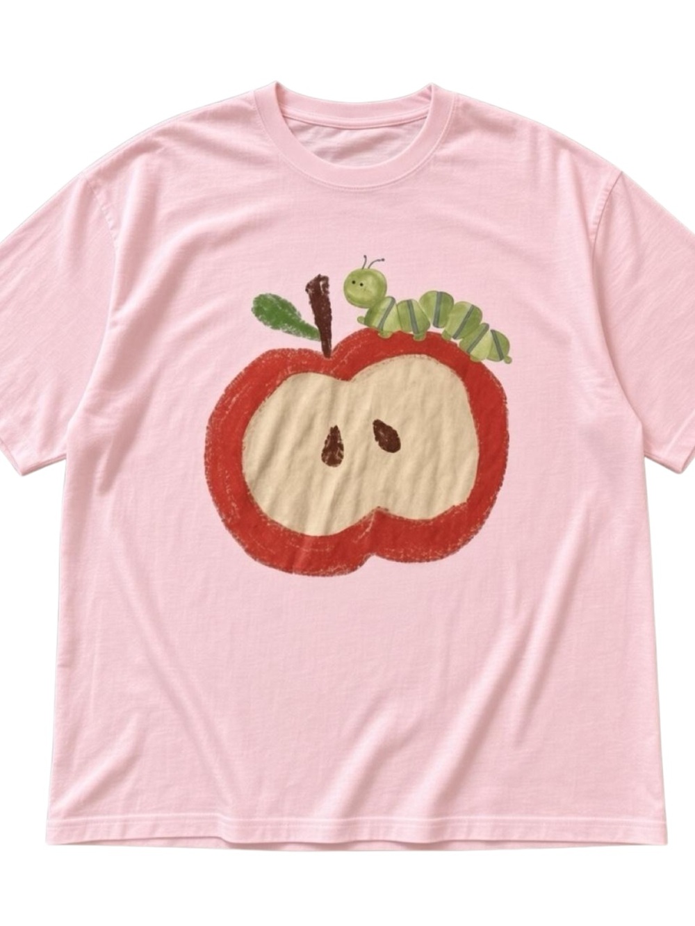 Gildan Pink Tee with Red Apple & Green Caterpillar Graphic, Gift For Her, Him